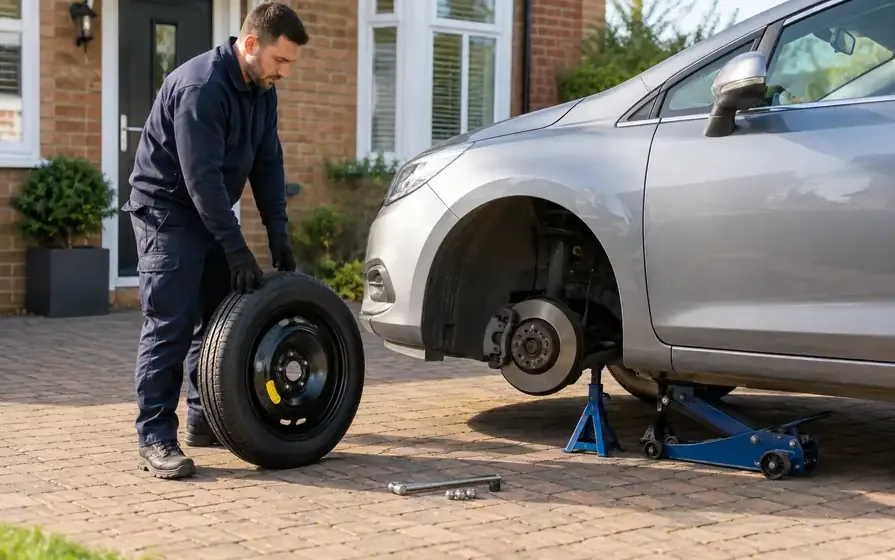 Temporary spare wheel beside a safely supported silver car