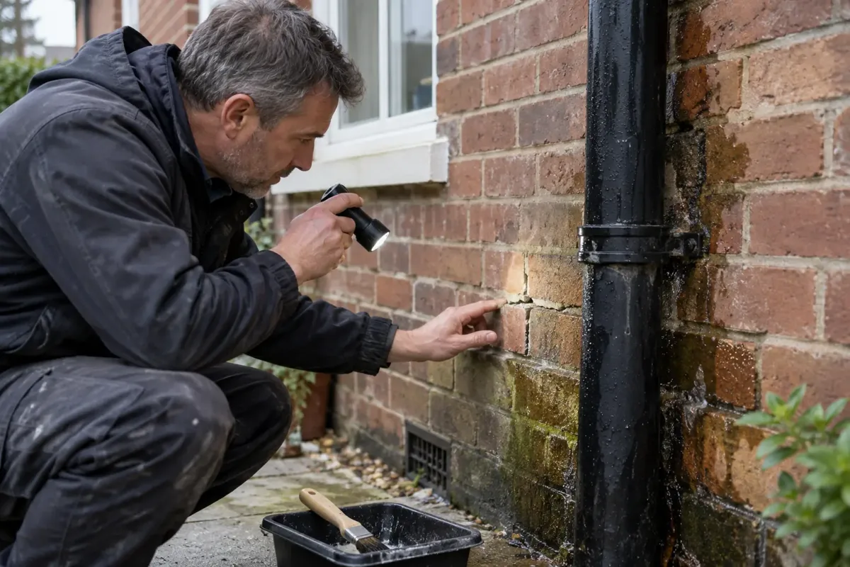 Building specialist examining a rain-stained exterior brick wall beside a leaking downpipe and cracked mortar, with a torch and a small unlabelled treatment brush and tray nearby. Clear external water-entry assessment and local waterproofing preparation, UK house.