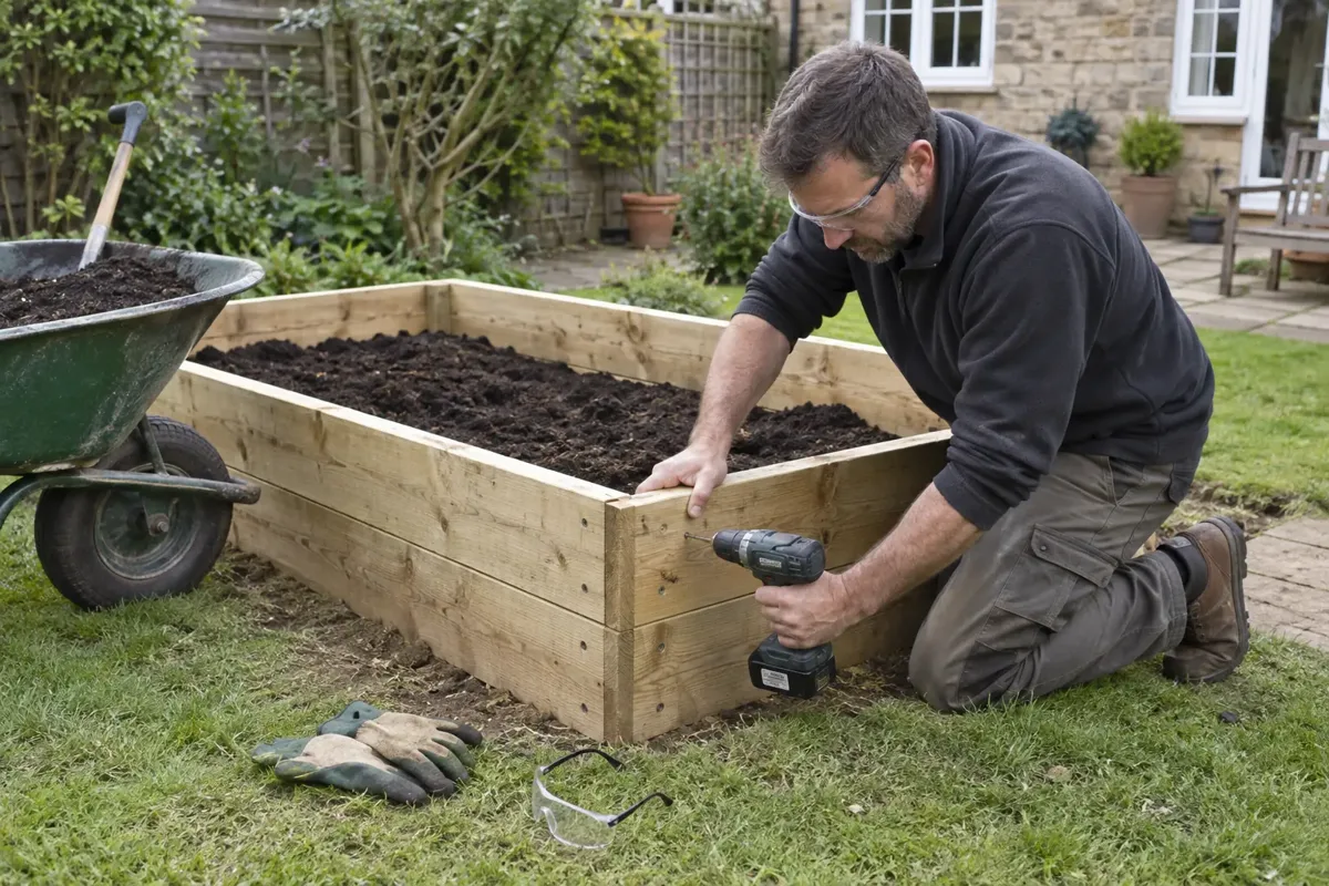 A gardener fastening the corner of a substantial rectangular timber raised planting bed with a cordless driver; partly filled bed with topsoil and compost, wheelbarrow, gloves and safety glasses, British garden.
