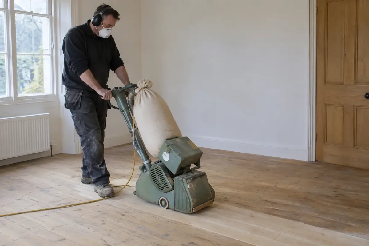Wood flooring specialist using a professional walk-behind drum floor sander on an oak plank floor in an empty room, attached dust collection bag, hearing protection and dust mask, freshly sanded pale strip visible.
