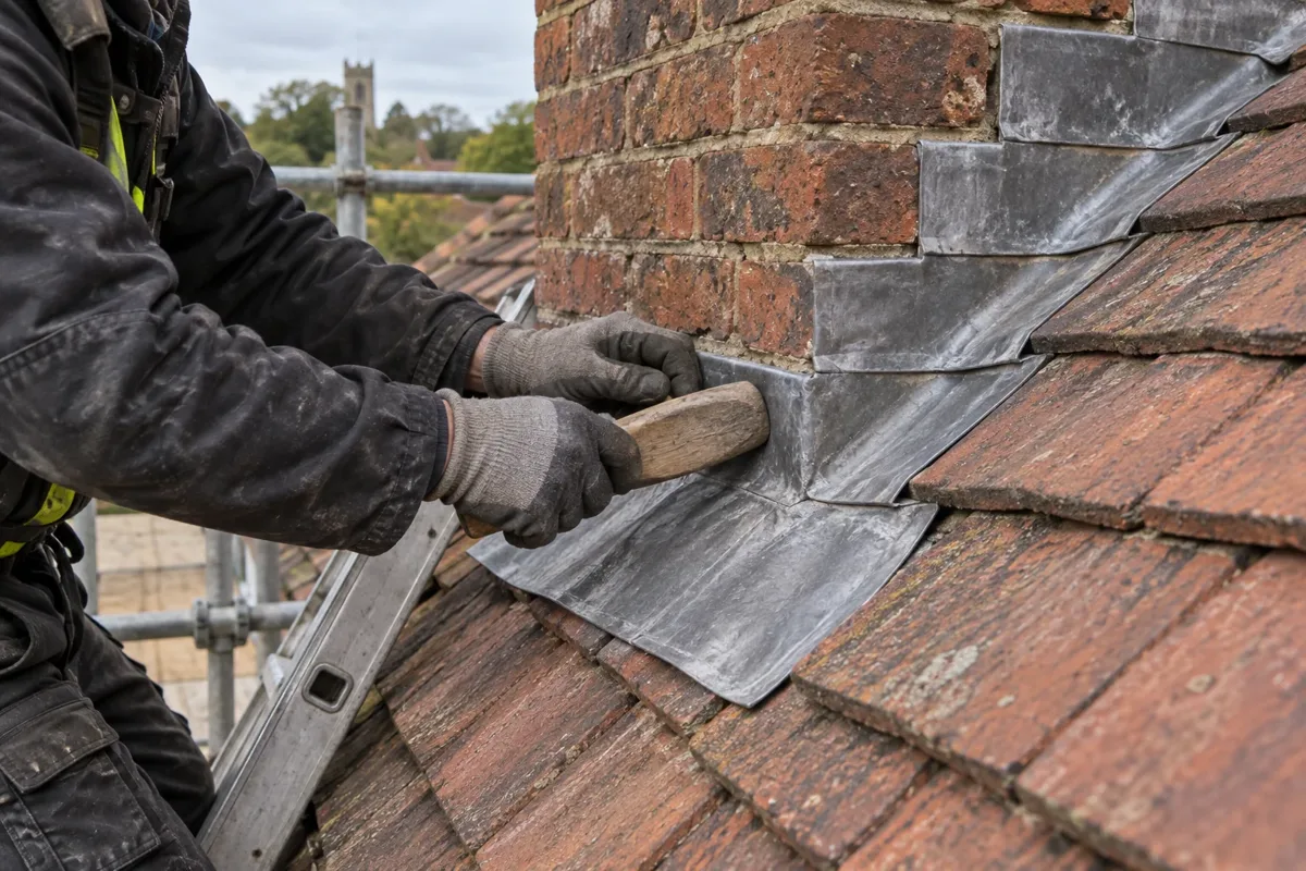 Roofer fitting lead step flashing at a brick chimney