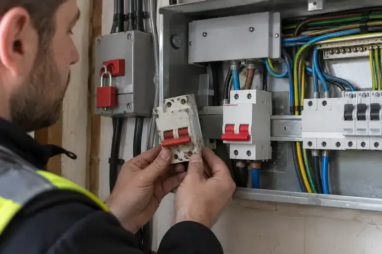 Main switch replacement: a professional electrician assessing or carrying out the electrical work.