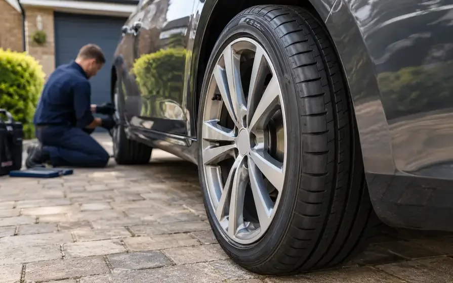 New low-profile tyre on an executive car's alloy wheel