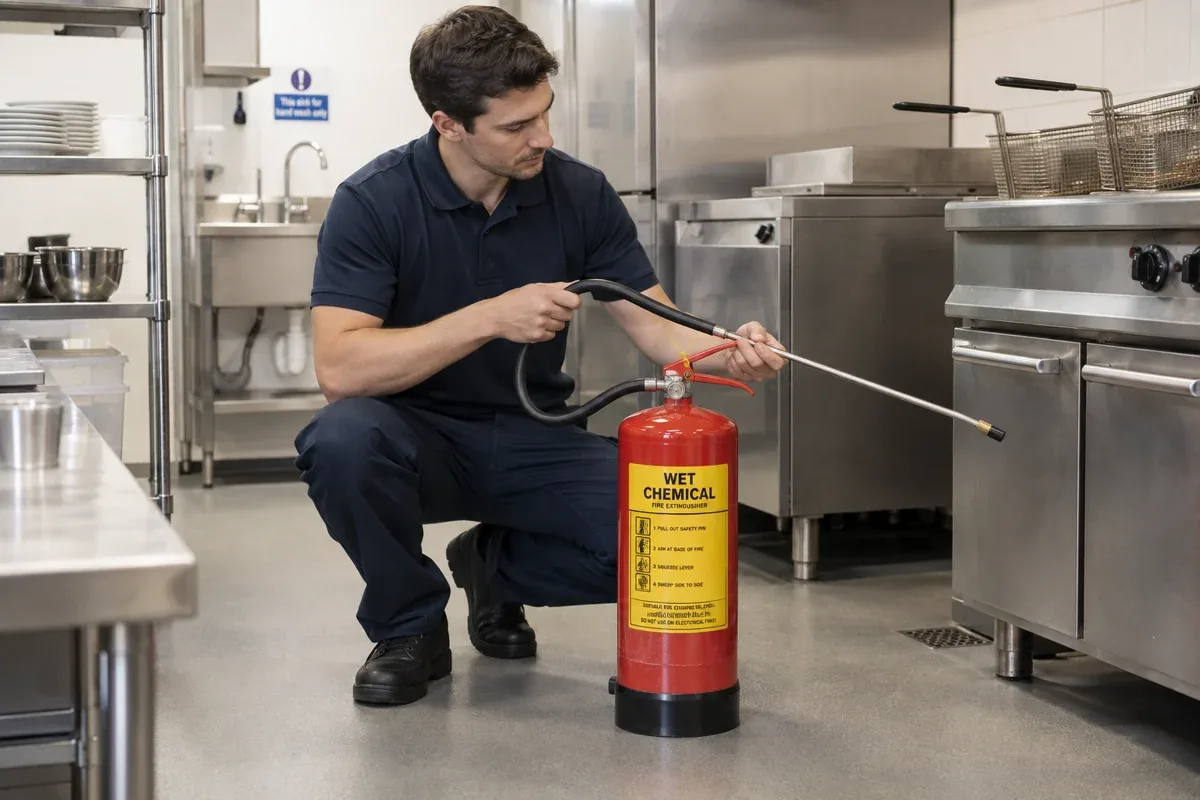 AI-generated illustration: Technician checking a wet chemical extinguisher hose and lance in an inactive commercial kitchen.