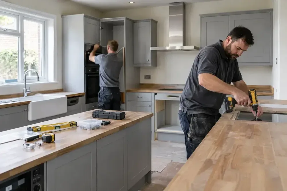 Kitchen fitter fastening a timber worktop above base cabinets