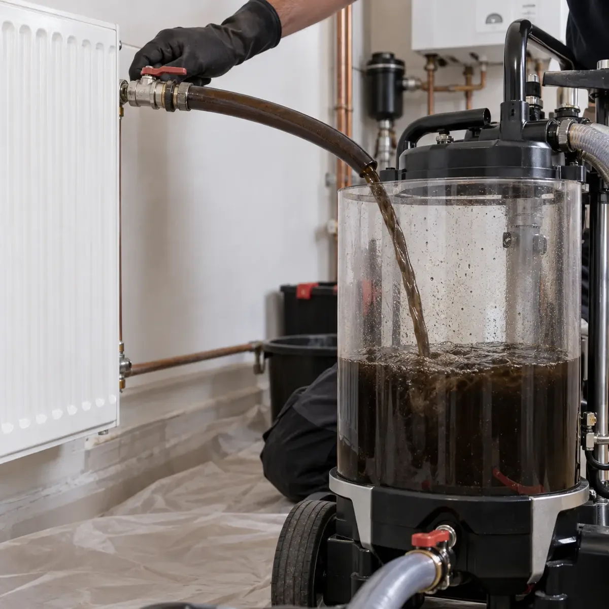 Engineer using a flushing machine connected to a central heating system.