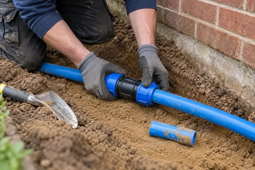 Plumber joining blue water mains pipe with a compression repair coupling.