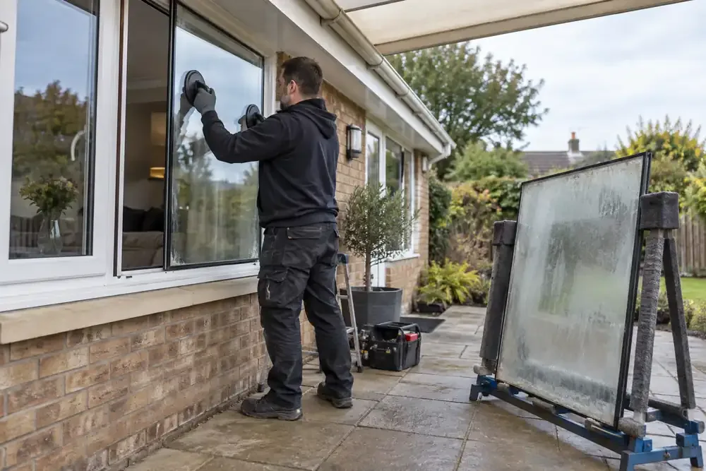 Glazier replacing a misted double glazed unit at a bungalow