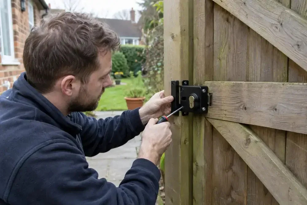 Technician fastening a lock to a timber garden gate
