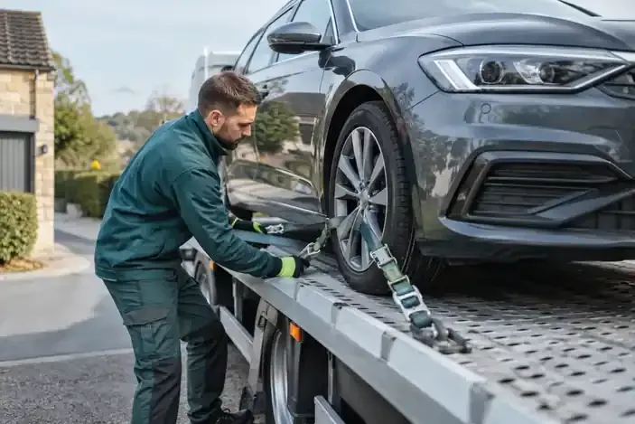 Vehicle transport operator straps a car onto a flatbed; no price is depicted.