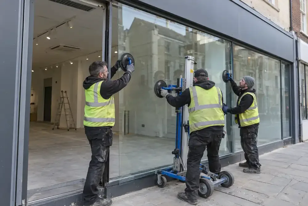 Wide commercial storefront refit: three glaziers align a full-height display pane with suction handles and a wheeled lifter in an aluminium shopfront frame, empty boutique, blank fascia, daytime.