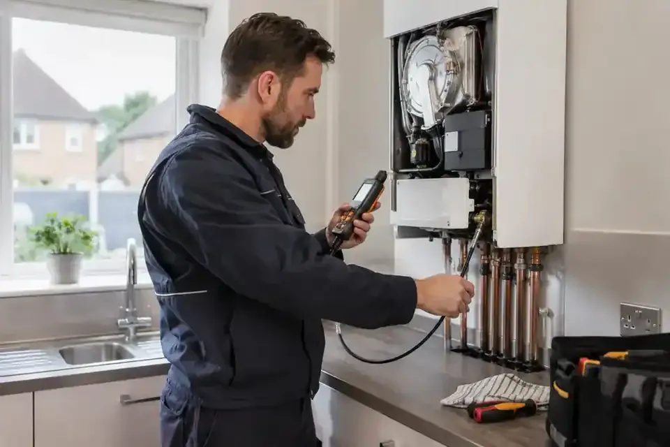 Gas safety inspector checking a boiler