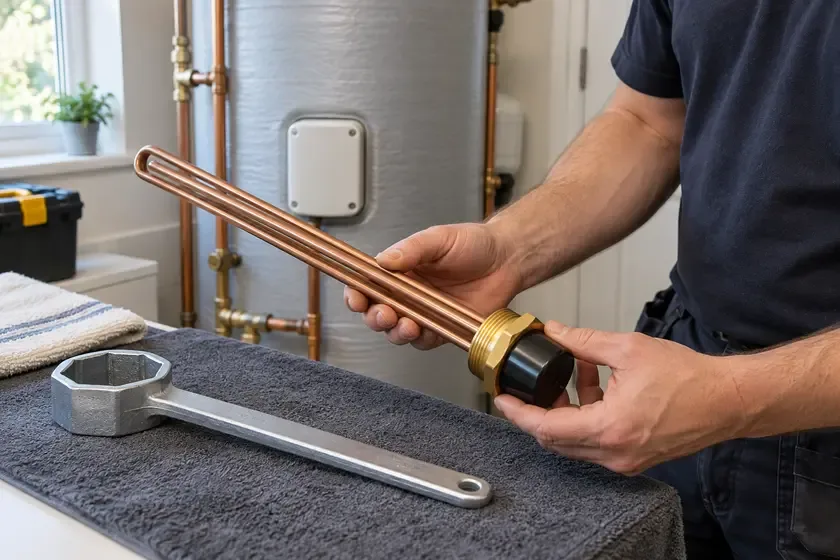Plumber inspecting a replacement immersion heater beside its large spanner.