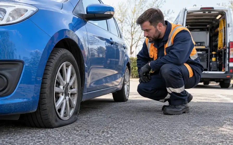 Technician assessing a flat tyre on a blue hatchback
