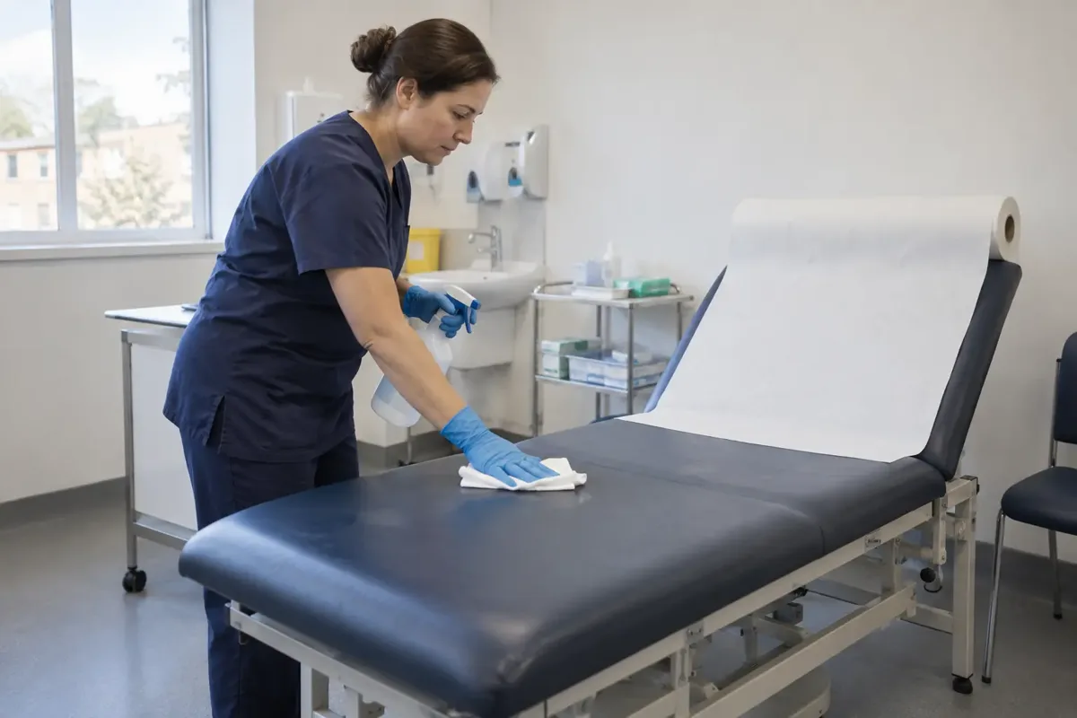 Cleaner in gloves carefully disinfecting the padded examination couch in an empty GP consultation room. Clinical sink, disposable paper roll and small medical trolley establish healthcare premises. Plain uniform, no readable labels.