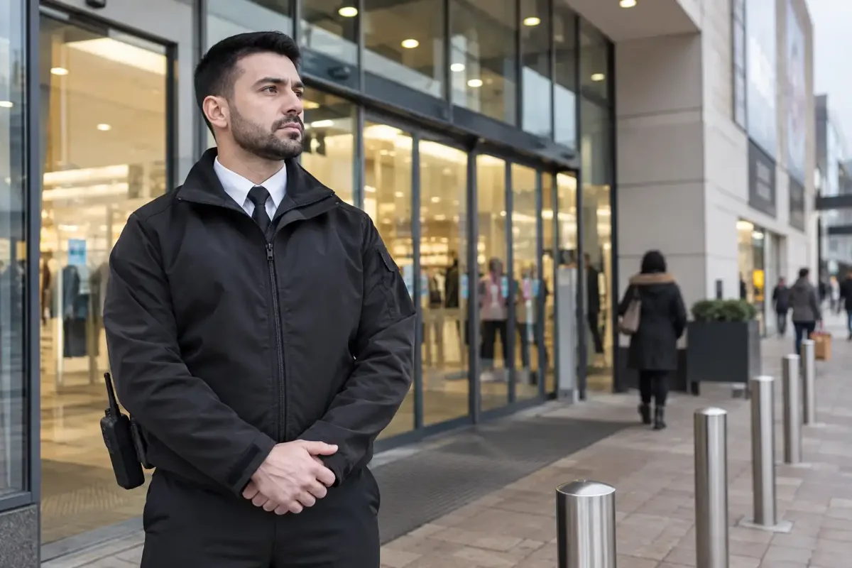 Security officer monitoring a retail shop floor.