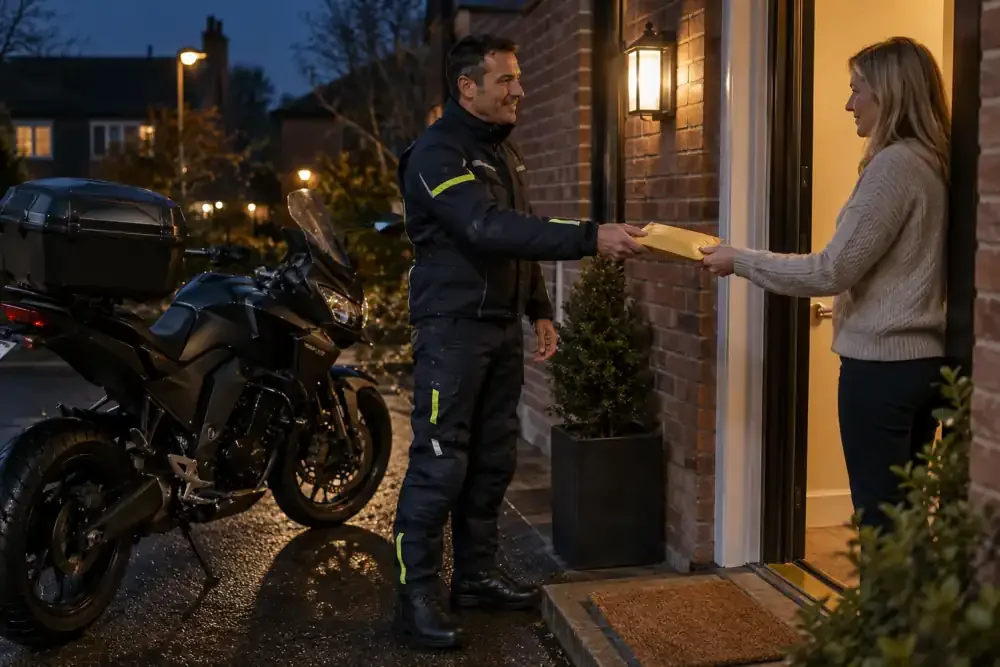 a motorcycle courier preparing or handing over a suitable consignment