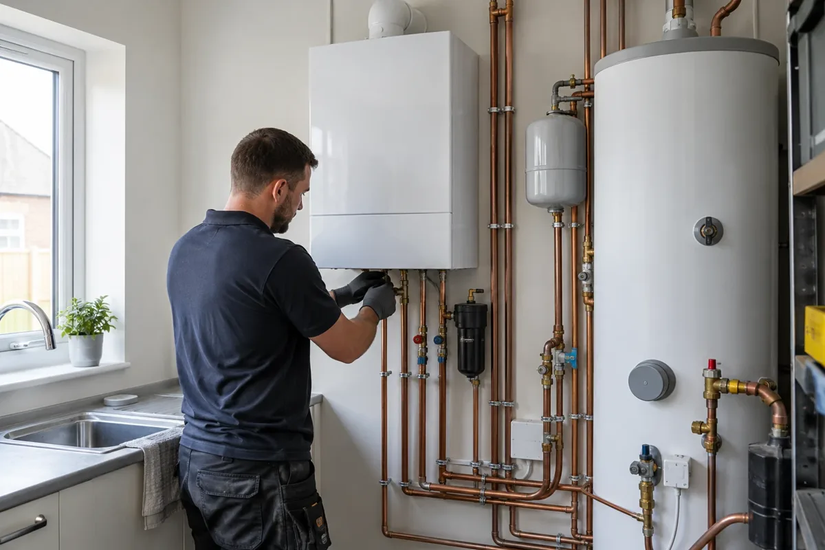 Heating engineer checking a system boiler beside a hot-water cylinder