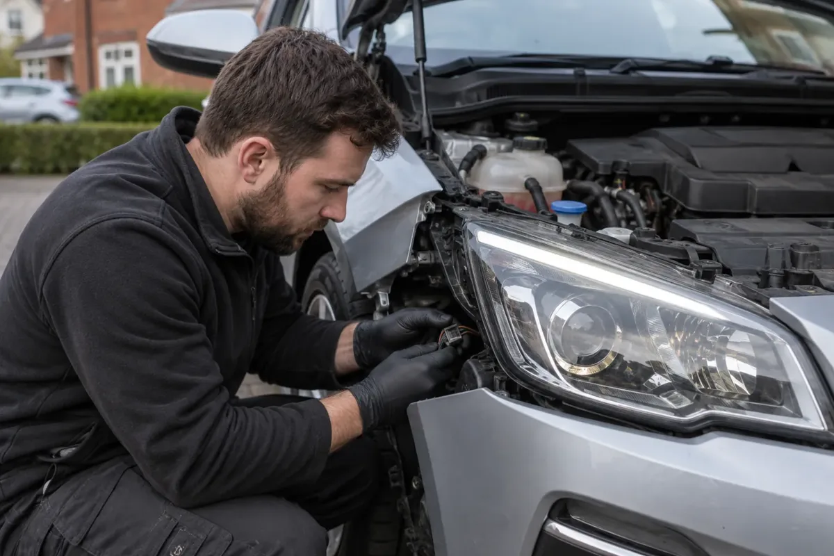 Technician inspecting a car headlamp and its electrical connection.
