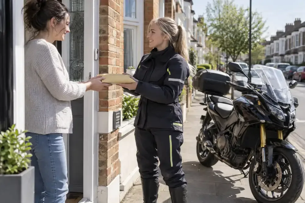 a motorcycle courier preparing or handing over a suitable consignment