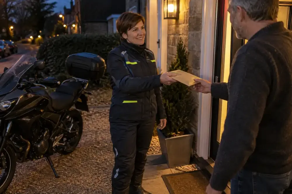 a motorcycle courier preparing or handing over a suitable consignment