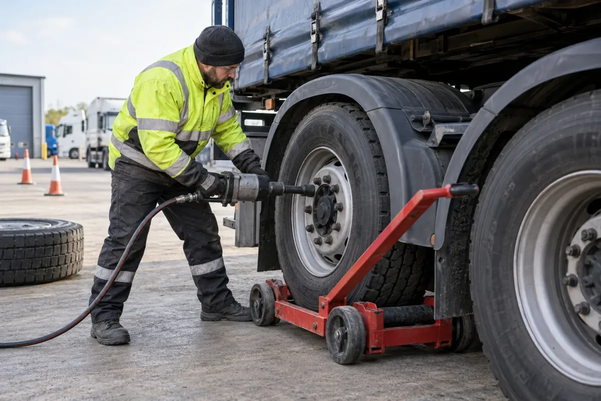 HGV tyre technician changing a lorry drive-axle wheel at a transport depot