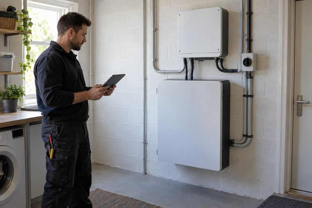 Electrician checking a closed home battery and inverter installation