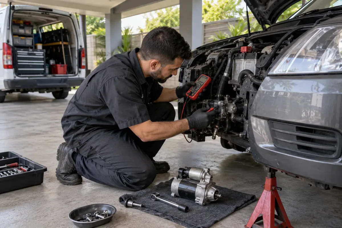 Mechanic investigating a starter circuit with a replacement starter motor nearby