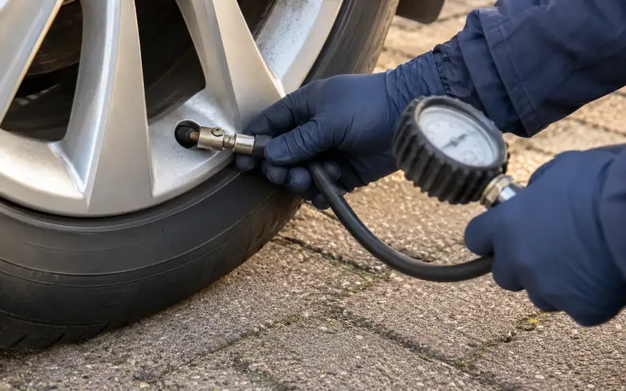 Gloved technician checking tyre pressure through the valve at the outer alloy rim